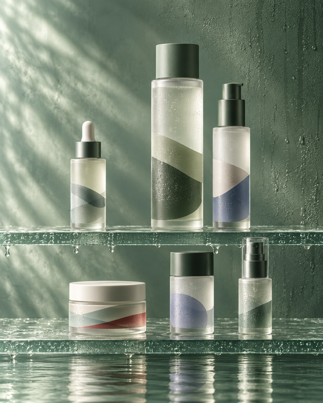 Six complete sculptural Caldermoss skincare vessels arranged on two wet translucent glass shelves