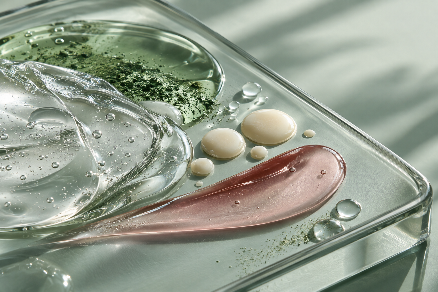 Translucent skincare textures in clear, green, ivory, and carmine arranged on glass