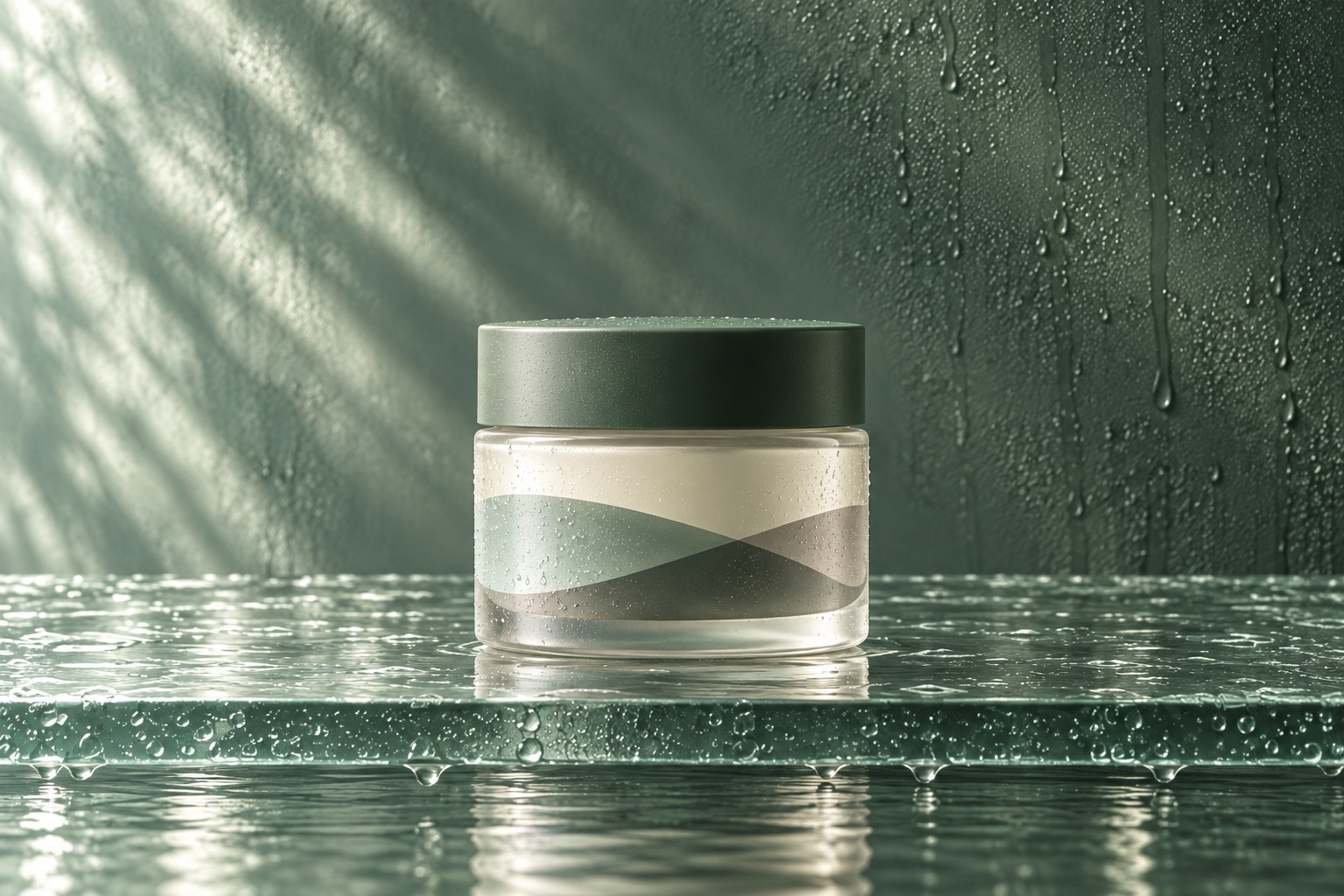 Current Recovery Cream complete Caldermoss skincare vessel on wet glass