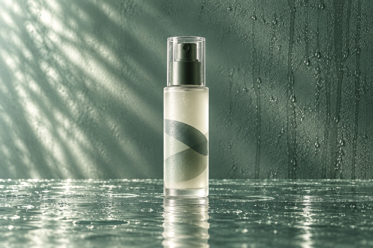 Daywater Emulsion complete Caldermoss skincare vessel on wet glass