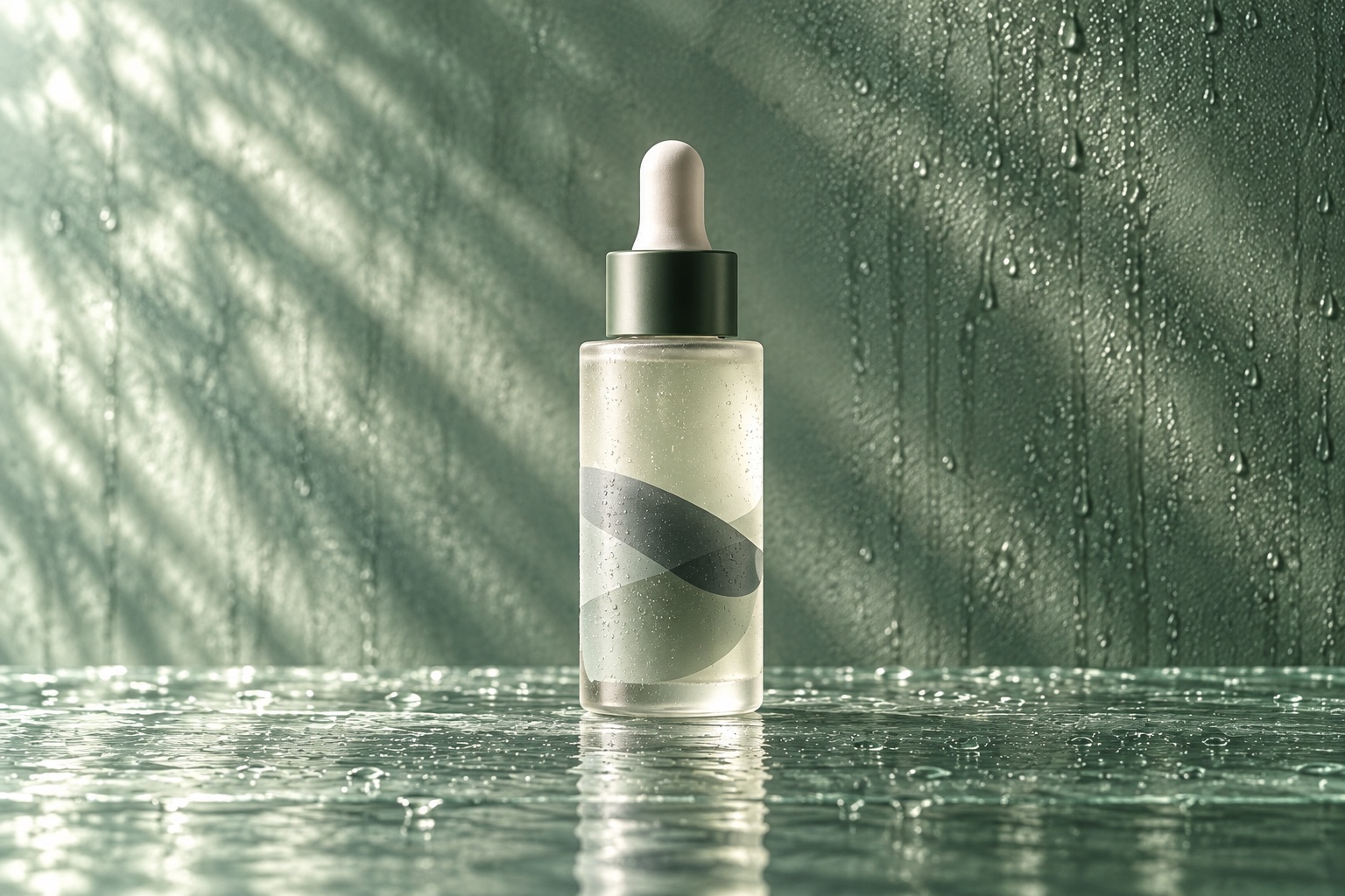Lichen Lipid Serum complete Caldermoss skincare vessel on wet glass