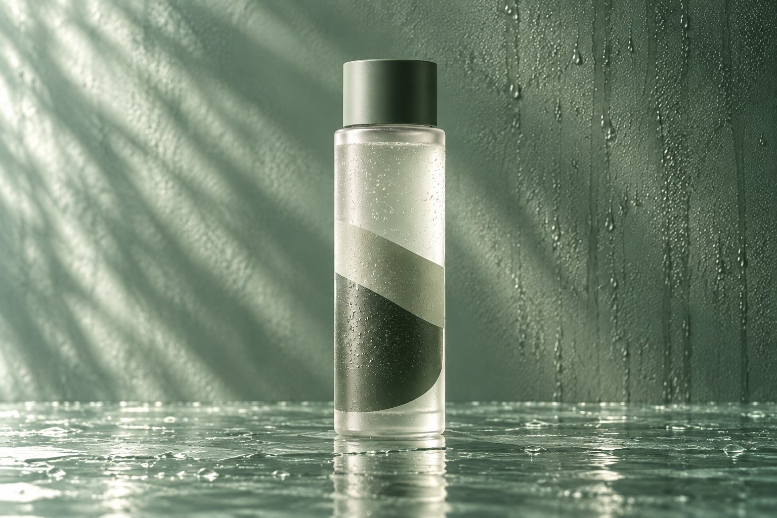 Tideglass Cleanser complete Caldermoss skincare vessel on wet glass