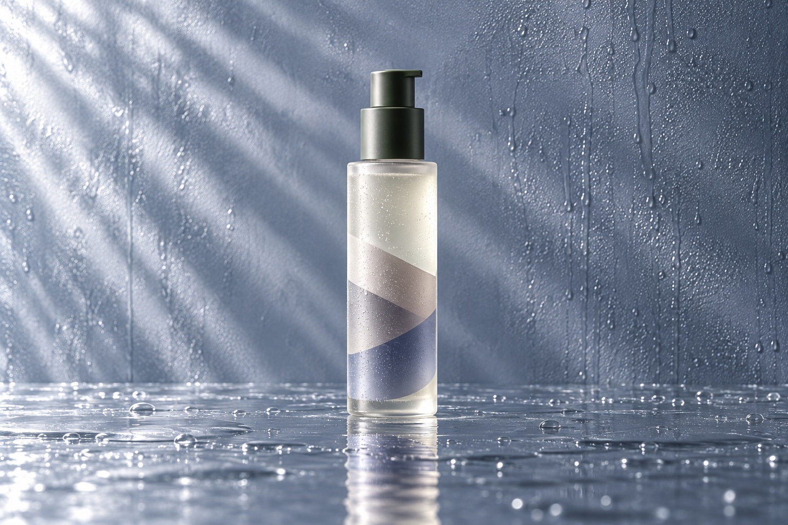 Weather Veil Essence complete Caldermoss skincare vessel on wet glass