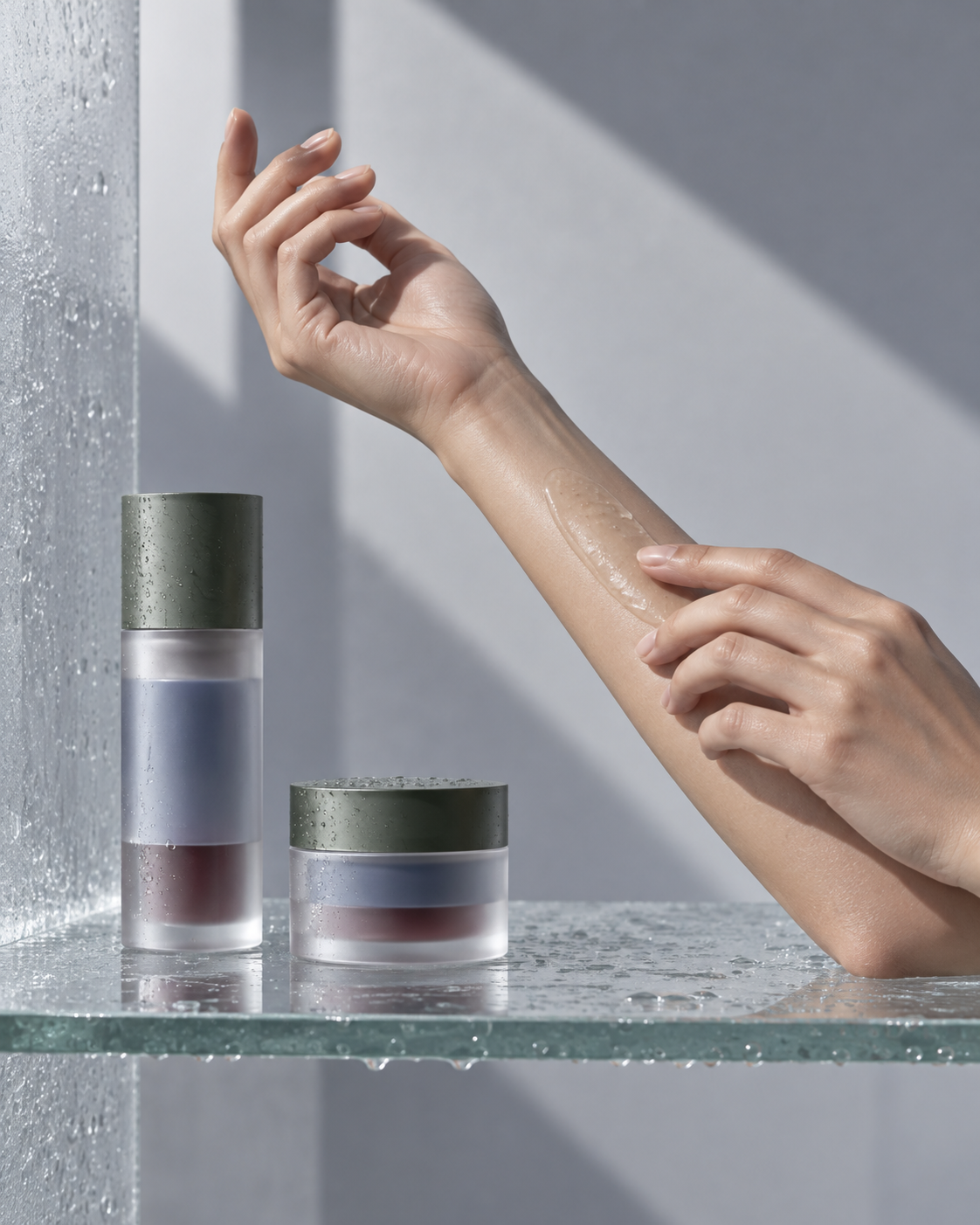 Hands applying translucent skincare gel beside two complete Caldermoss vessels