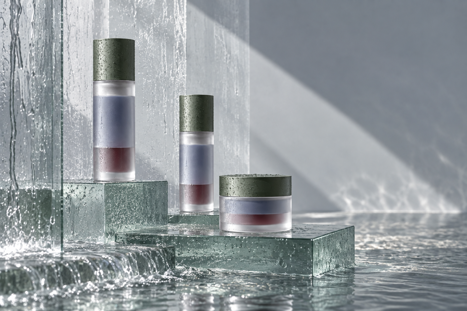Three complete Caldermoss vessels on translucent wet-glass platforms surrounded by water